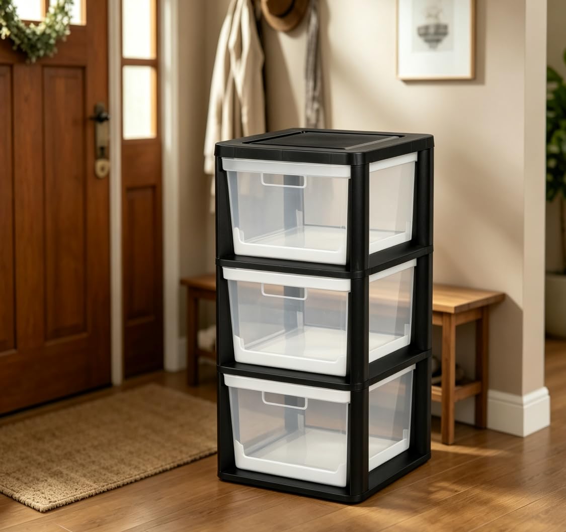 Black 3 Drawer Plastic Storage Tower with Clear Bins F519