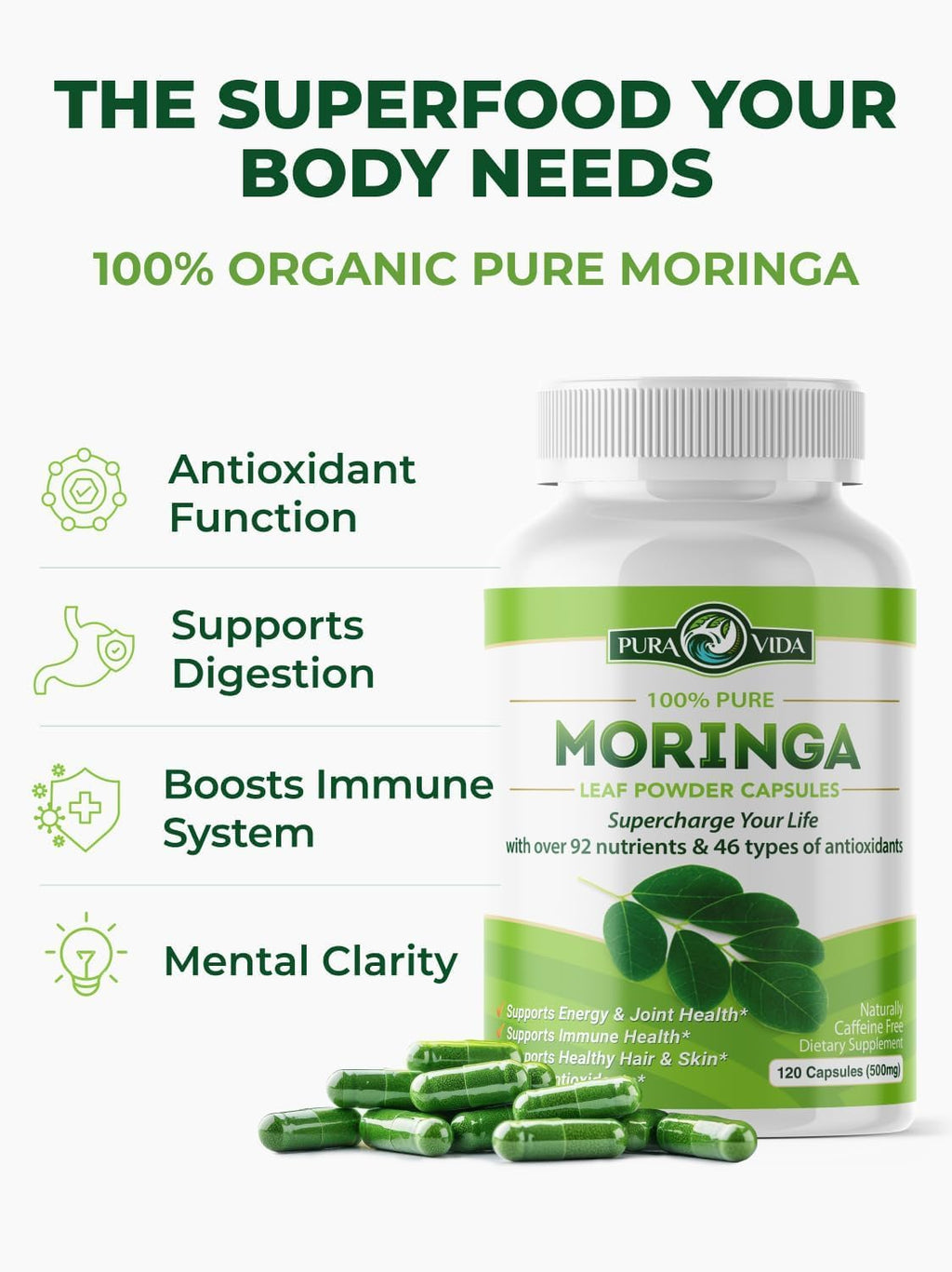 Organic Moringa Capsules 500mg 120ct Pack of 2 I91522