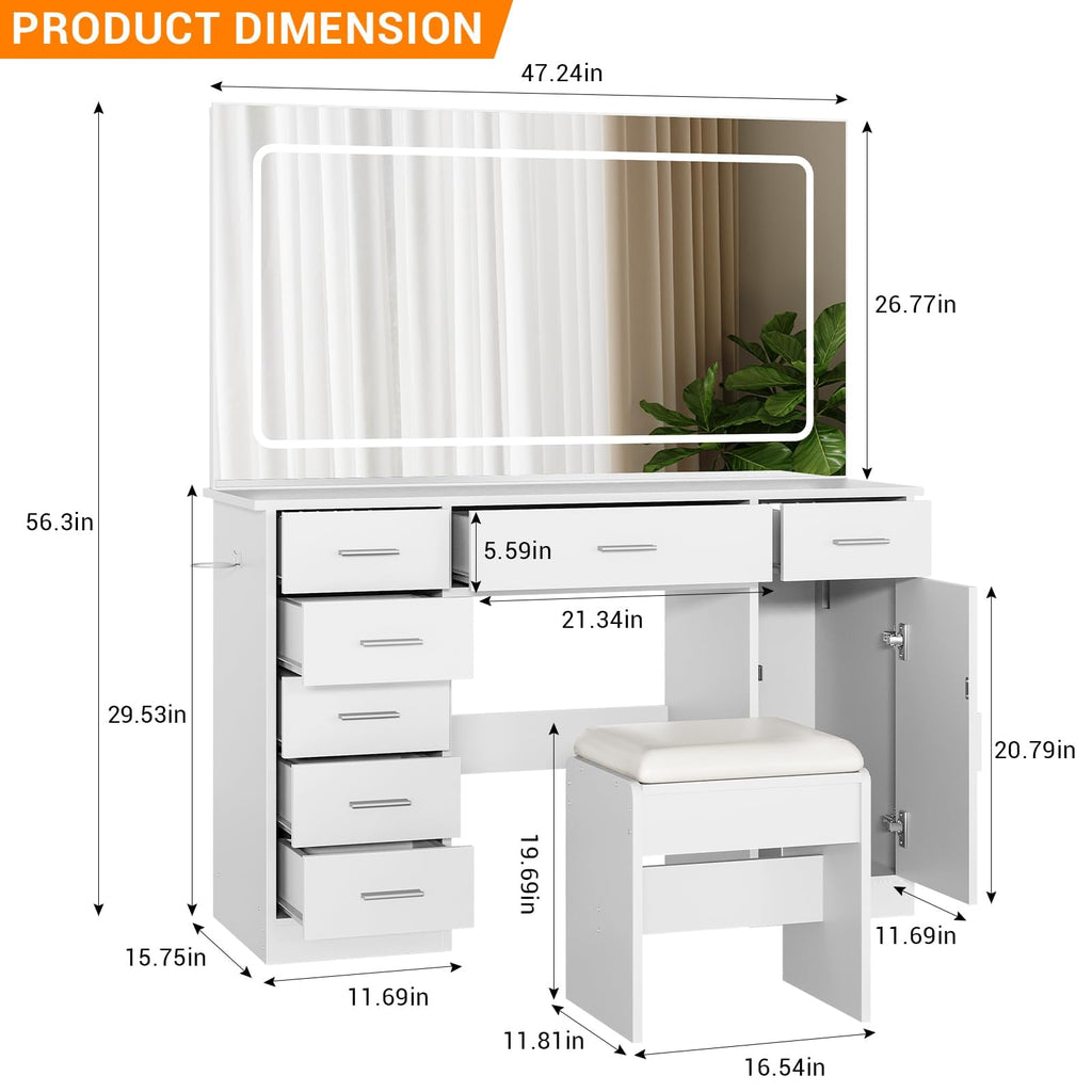 White 7 Drawer Vanity Desk with LED Mirror D505298