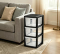 Black 3 Drawer Plastic Storage Tower with Clear Bins F519