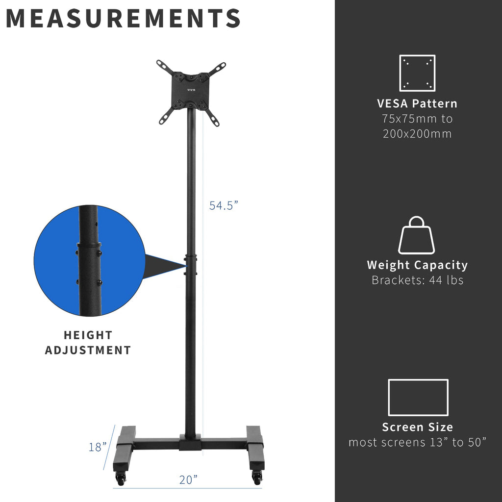 Black Rolling TV Cart for 13 to 50 inch Screens I390