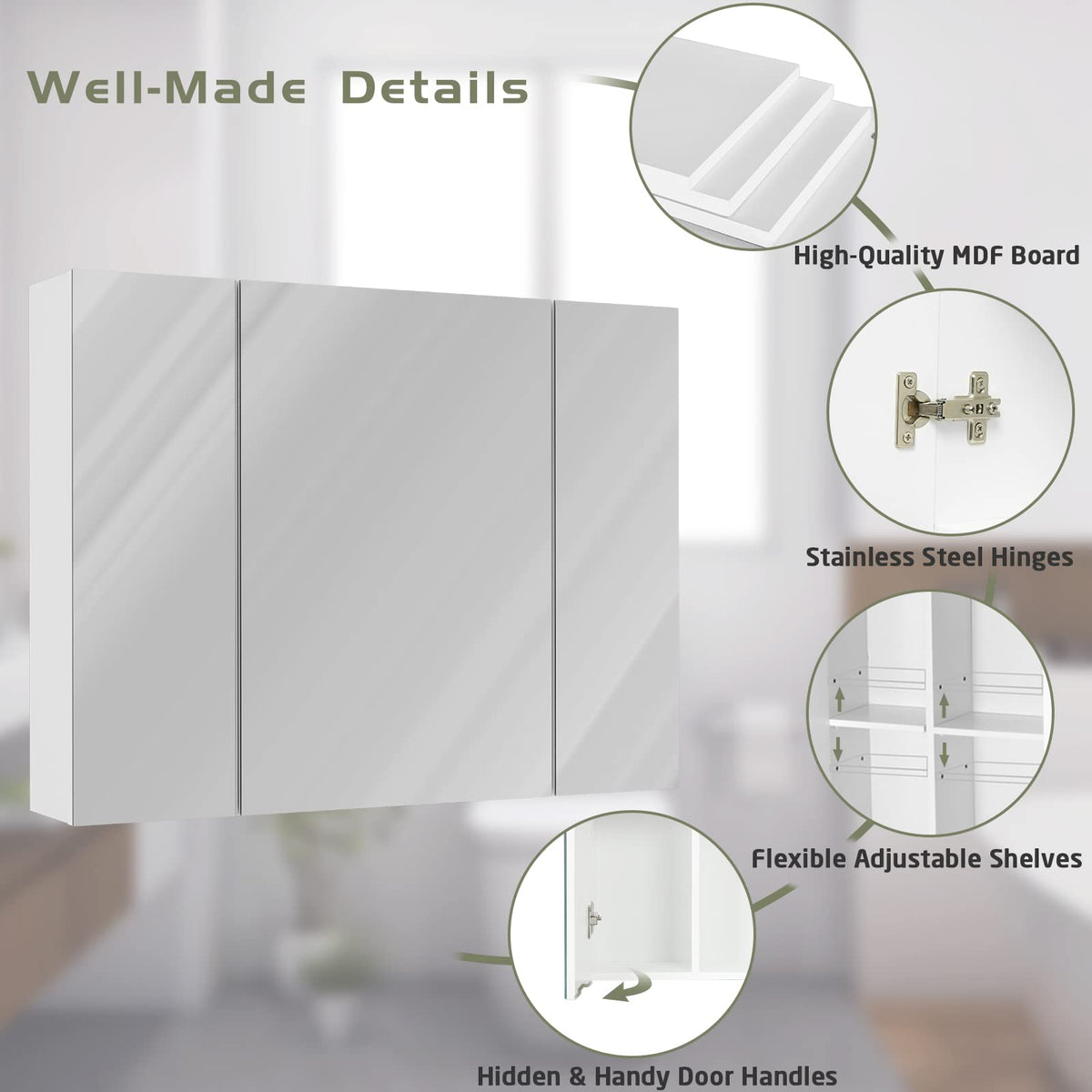 White 3 Door Bathroom Mirror Cabinet with Adjustable Shelves B8649
