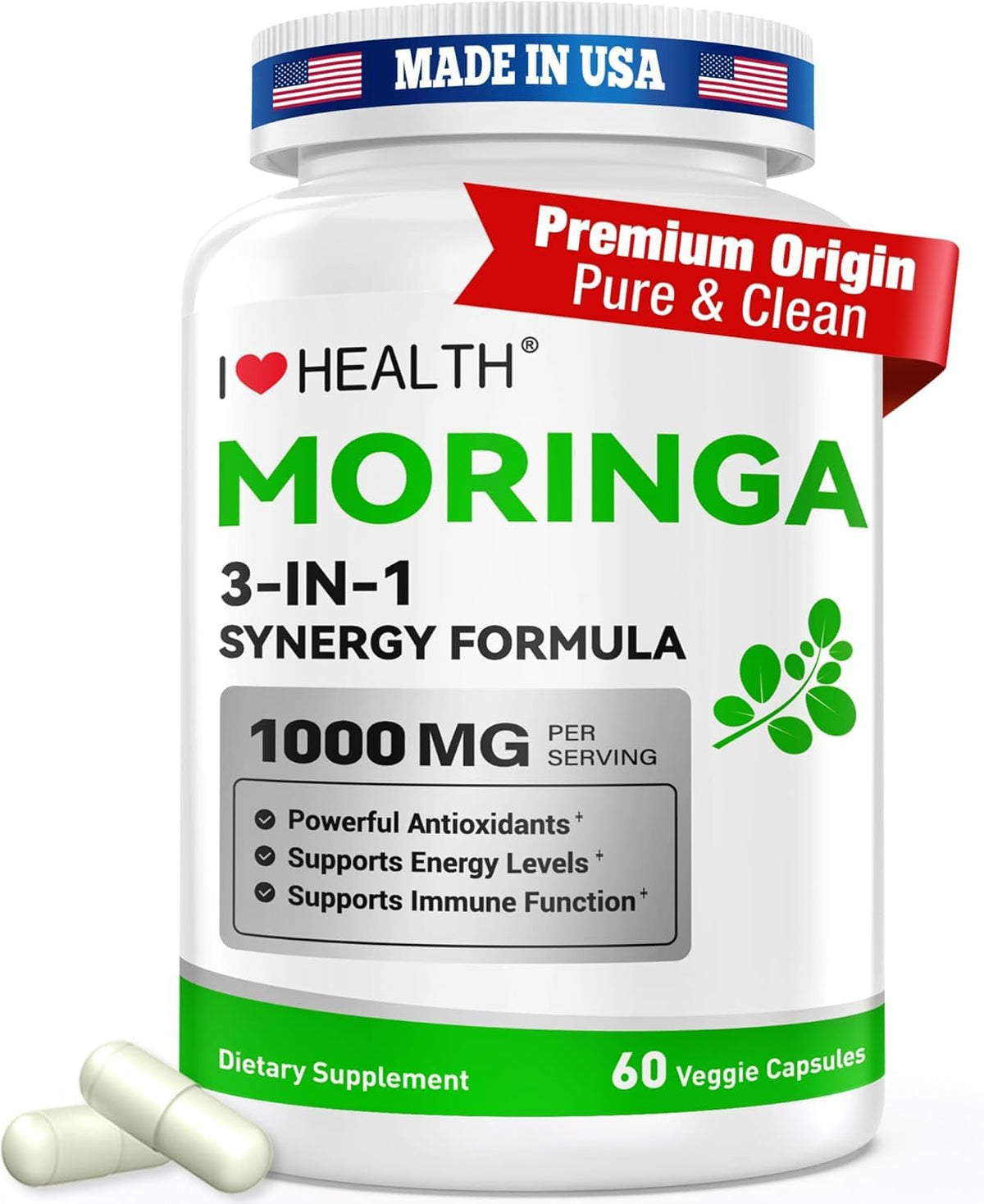 Moringa Capsules 1000mg 10:1 Leaf Extract 60 Veg Capsules V73828