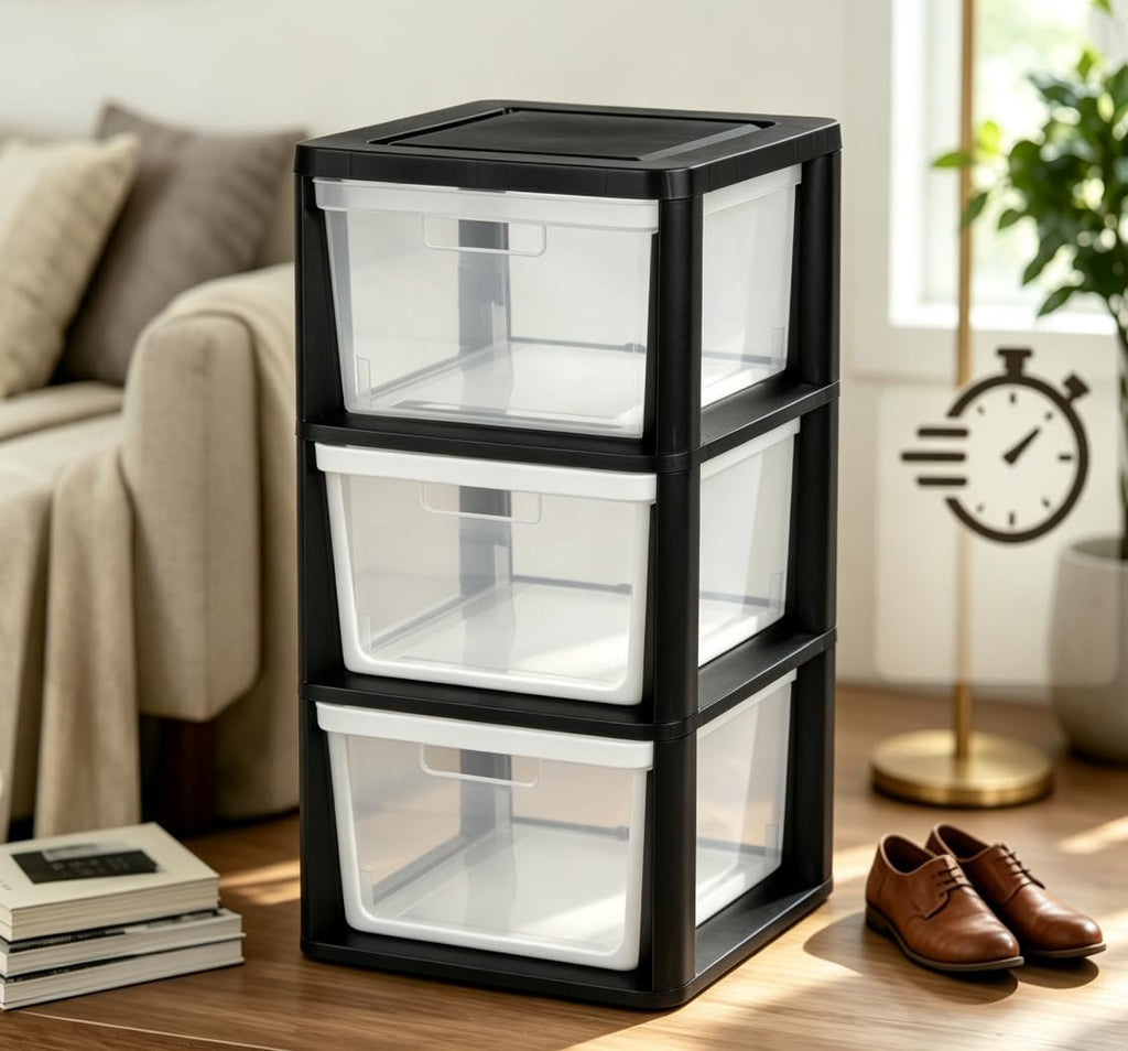 Black 3 Drawer Plastic Storage Tower with Clear Bins F519