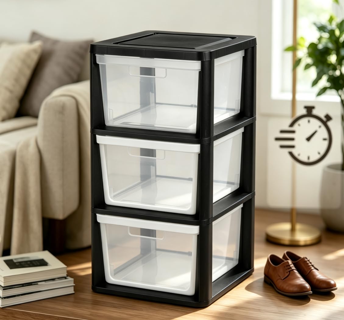 Black 3 Drawer Plastic Storage Tower with Clear Bins F519