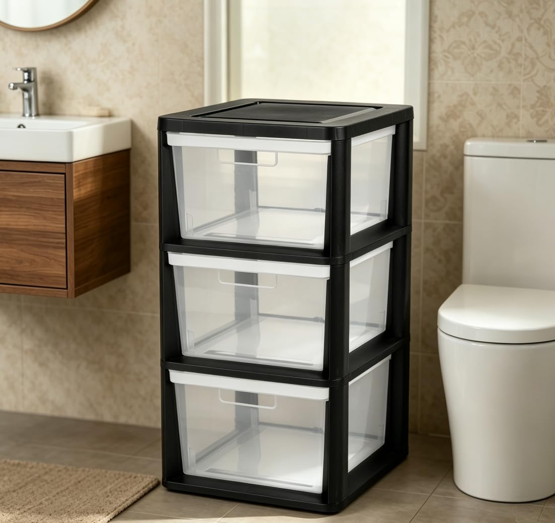 Black 3 Drawer Plastic Storage Tower with Clear Bins F519