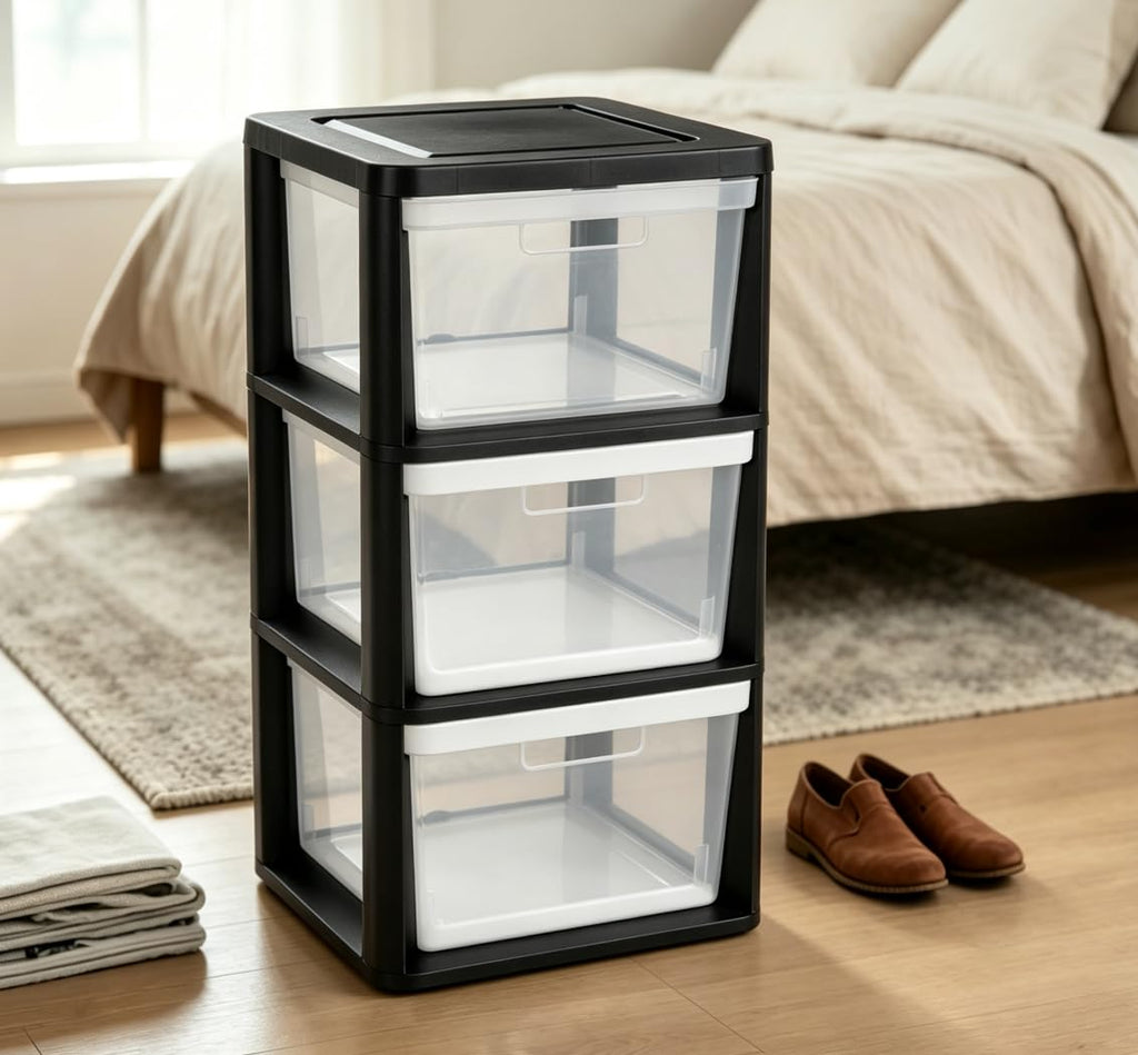 Black 3 Drawer Plastic Storage Tower with Clear Bins F519