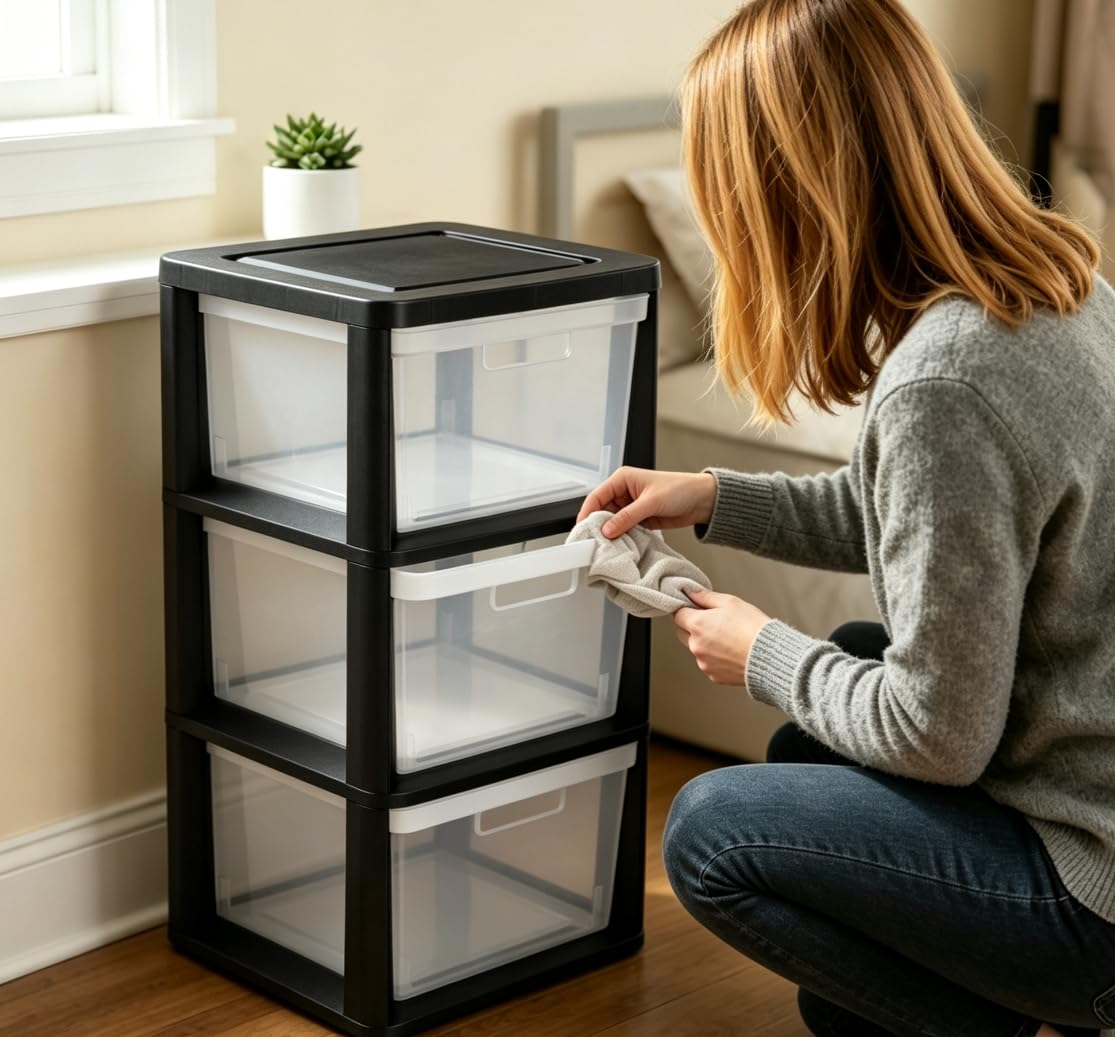 Black 3 Drawer Plastic Storage Tower with Clear Bins F519