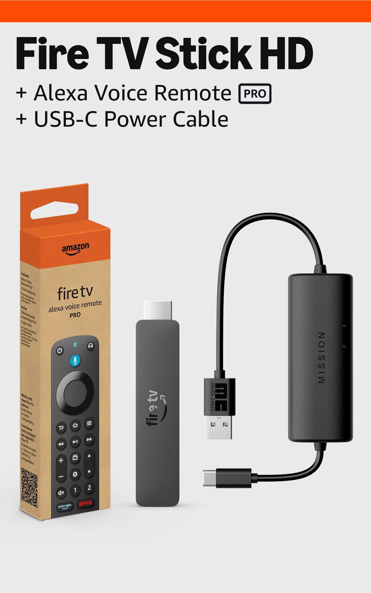 Fire TV Stick HD with Alexa Voice Remote Pro and USB-C Power Cable V783
