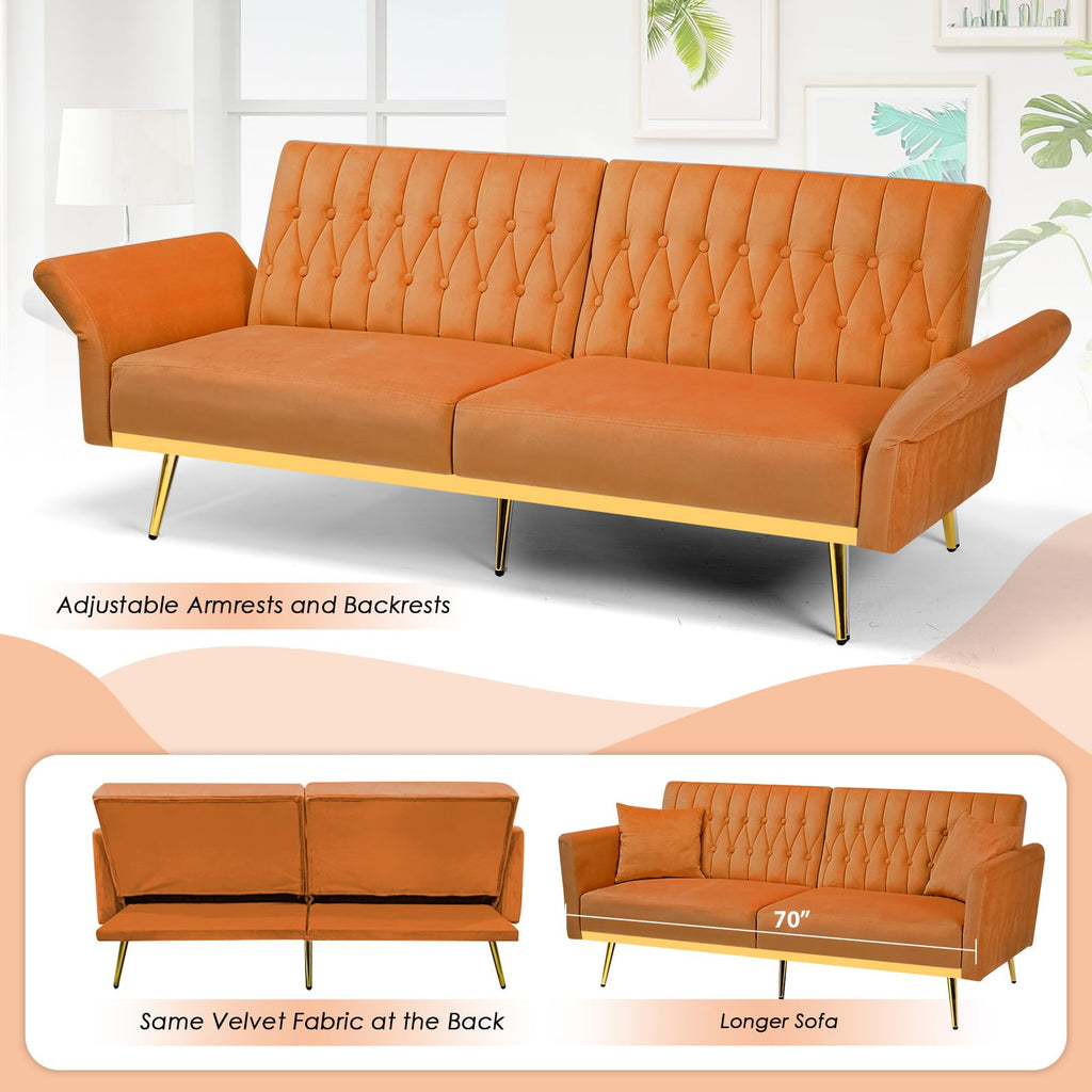 70" Velvet Futon with Adjustable Backrest and Armrests B773866