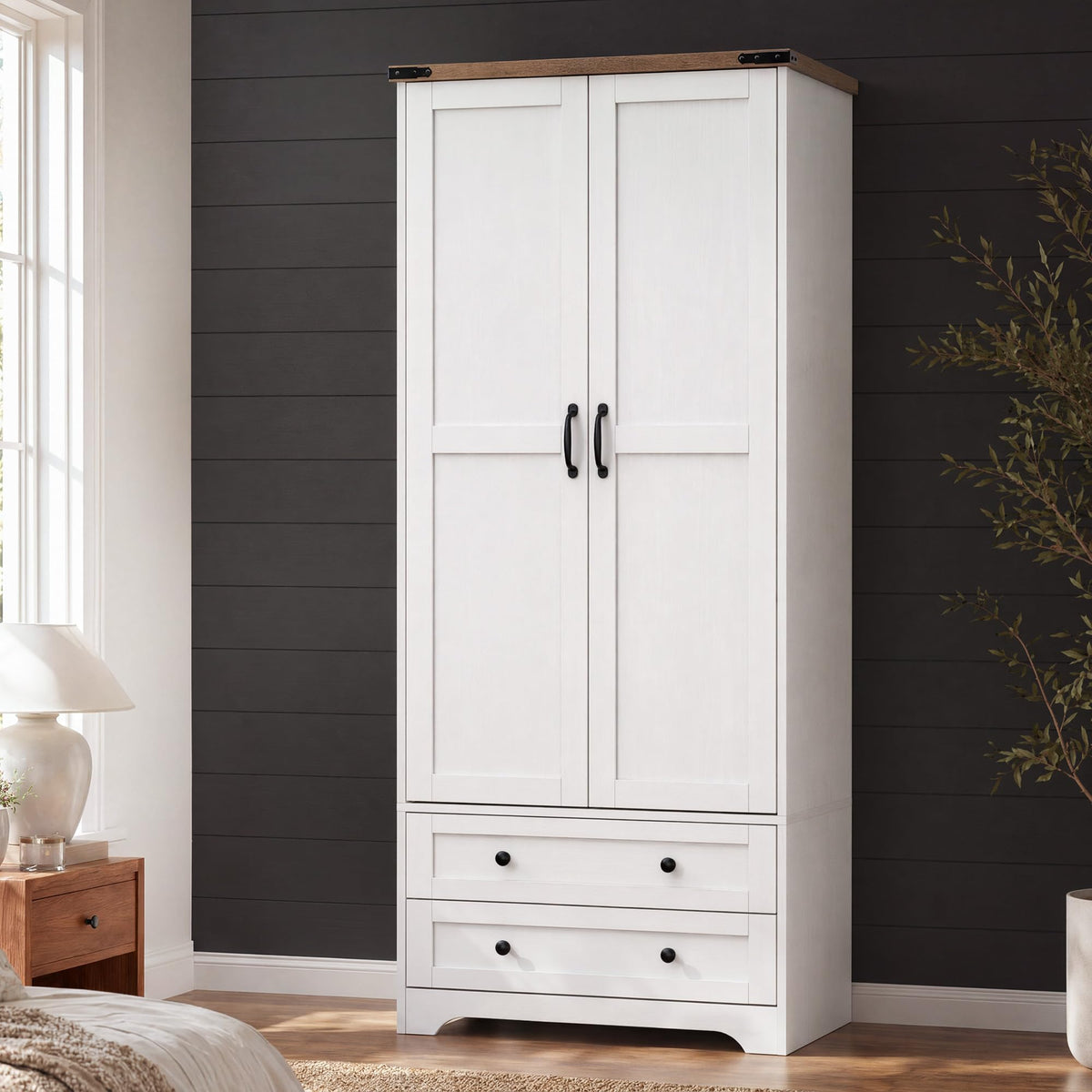 71" White Wooden Armoire Wardrobe Closet with 2 Doors & 2 Drawers D838855