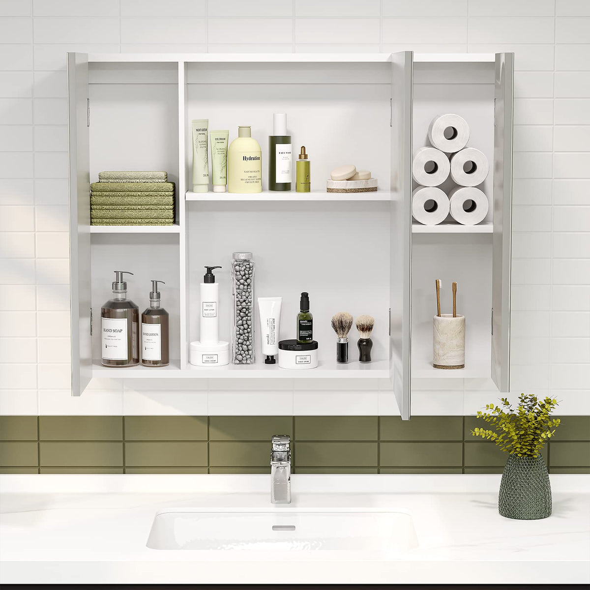 White 3 Door Bathroom Mirror Cabinet with Adjustable Shelves B8649