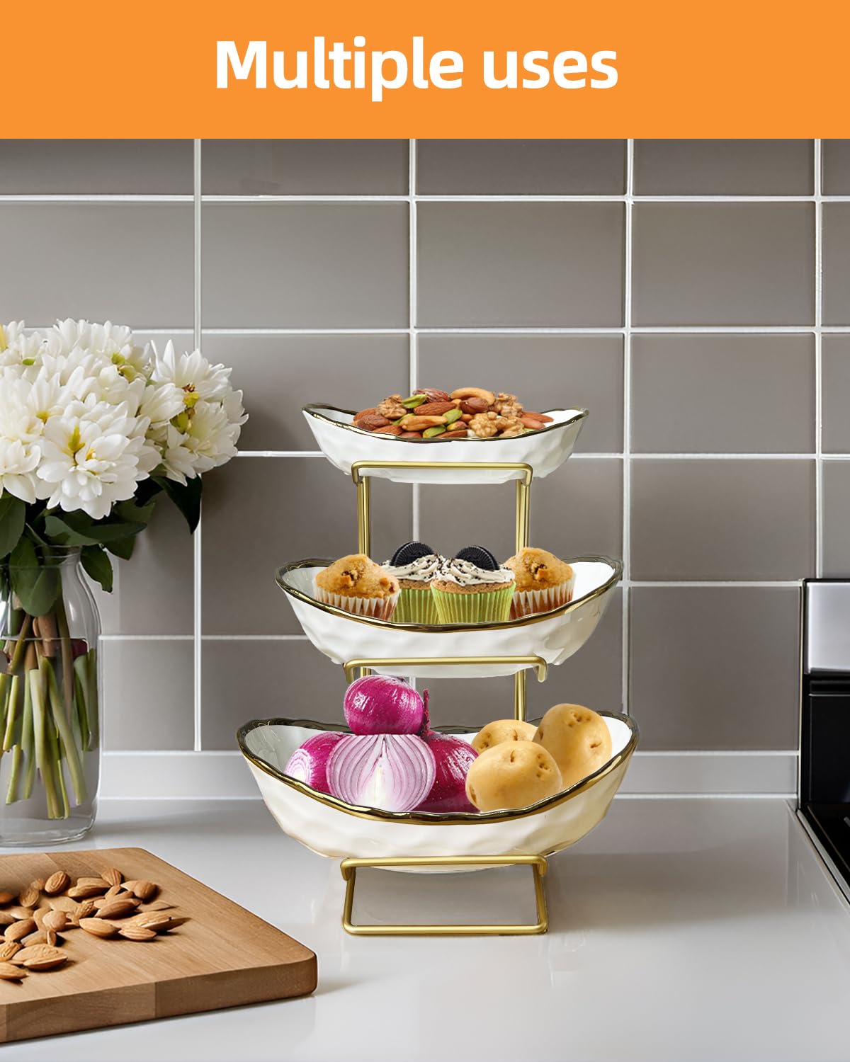 3-Tier Ceramic Fruit Bowl with Metal Stand H283772