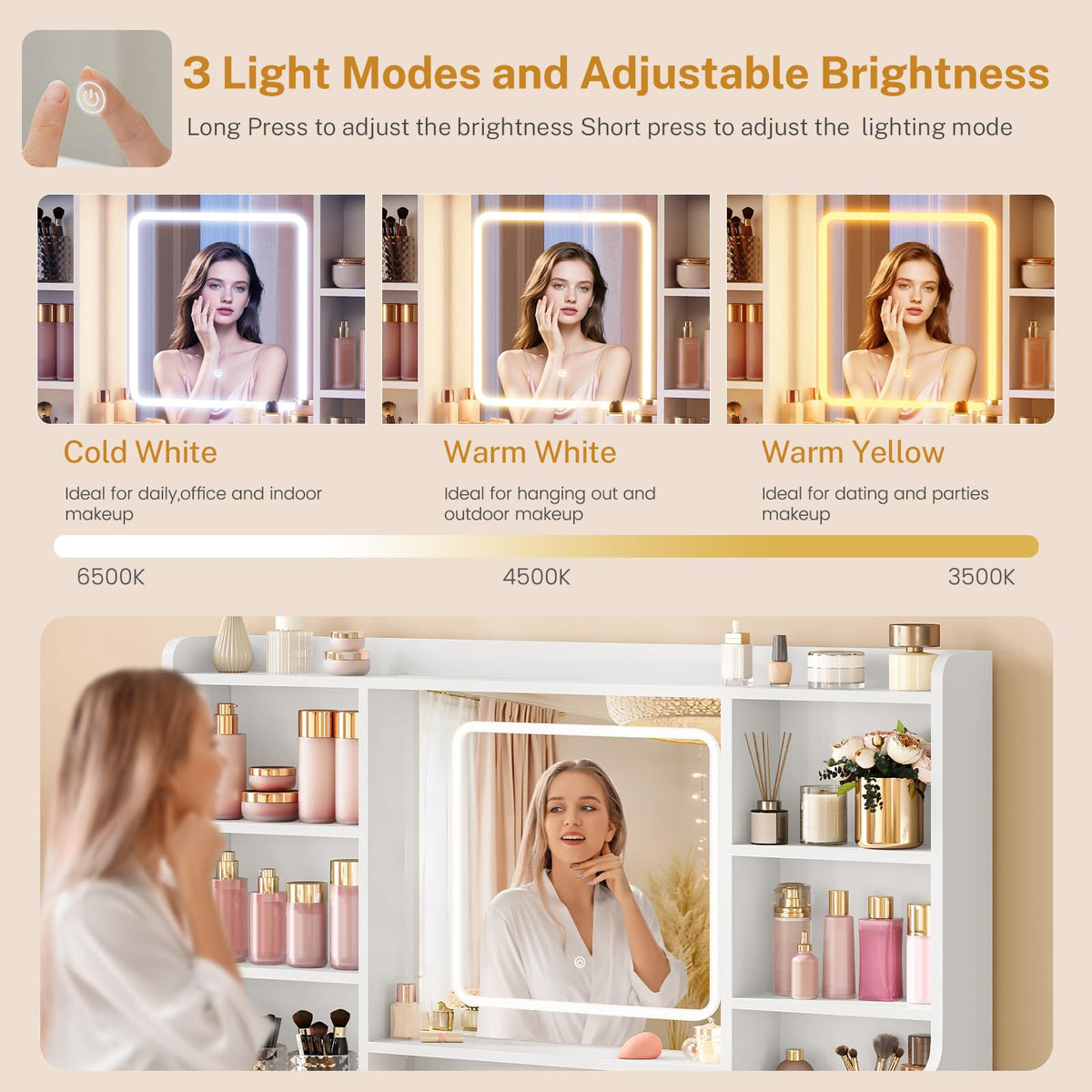 White Vanity Desk with Mirror and Lights V6404