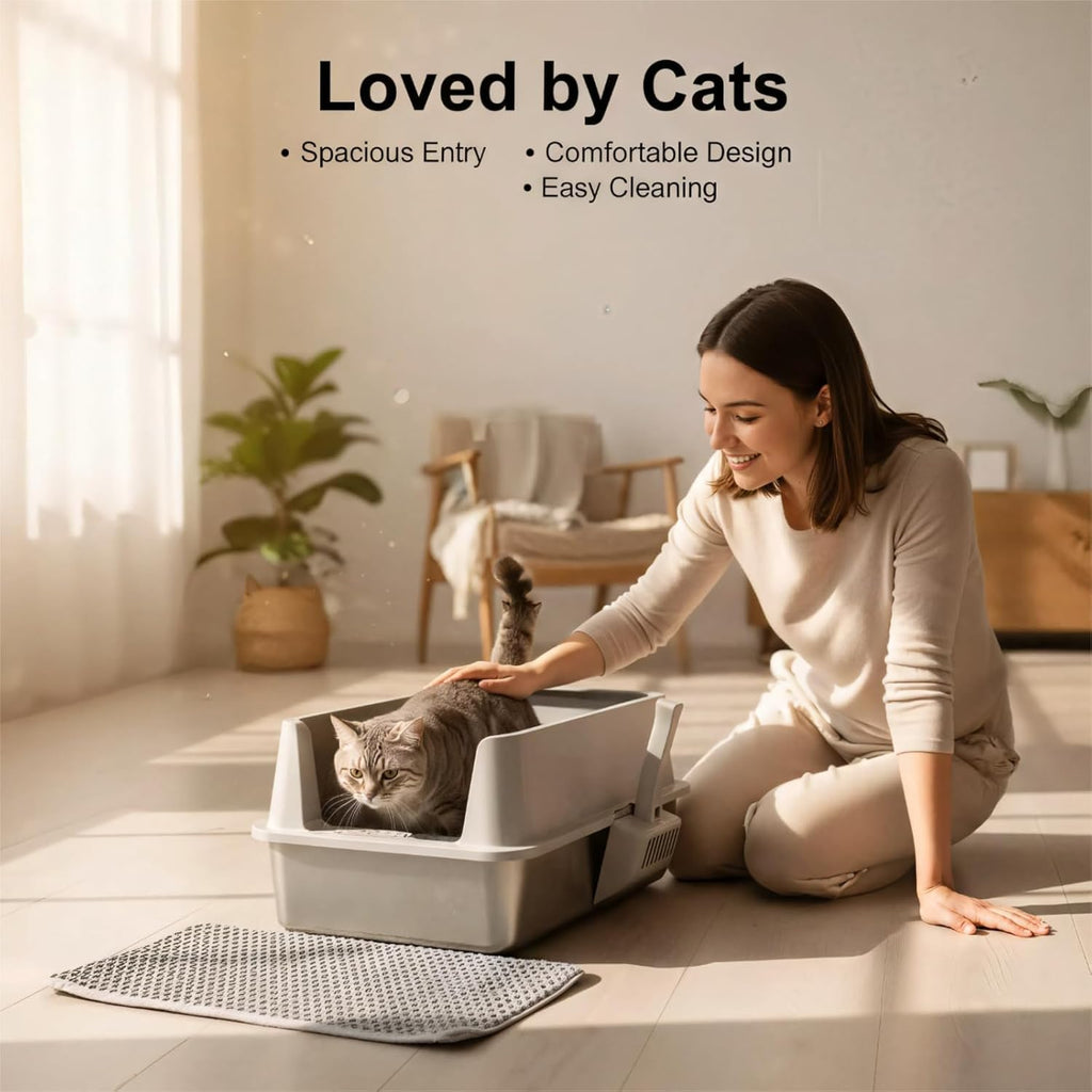XL Stainless Steel Cat Litter Box with Lid and Scoop A545