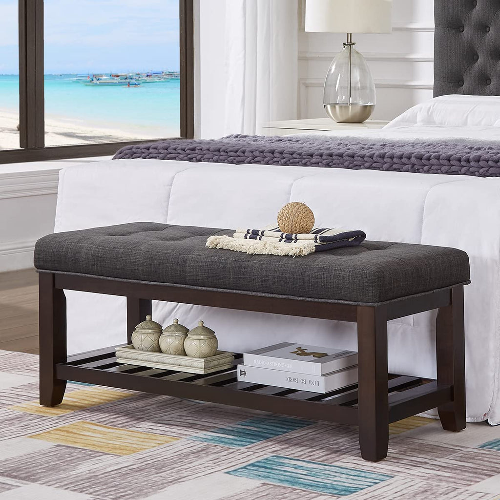 Large Rectangular Upholstered Tufted Linen Ottoman Bench S55004