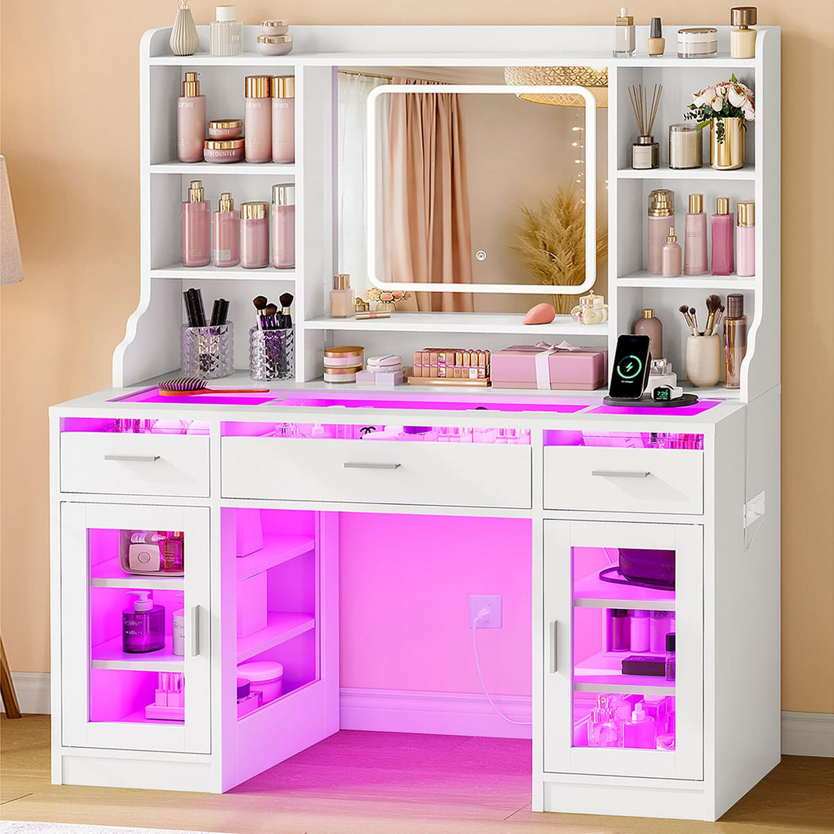 White Vanity Desk with Mirror and Lights V6404