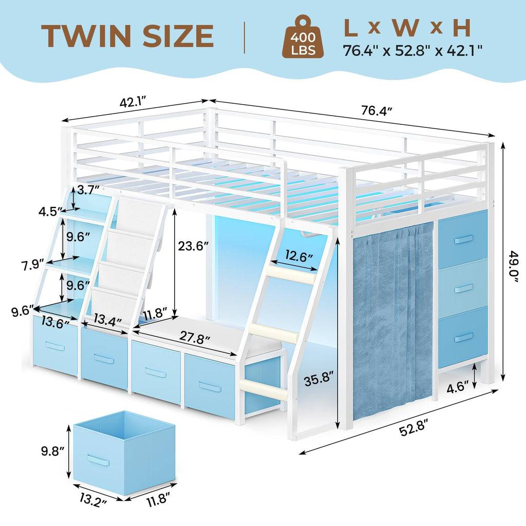 White & Blue Twin Loft Bed with 7 Storage Drawers X602187