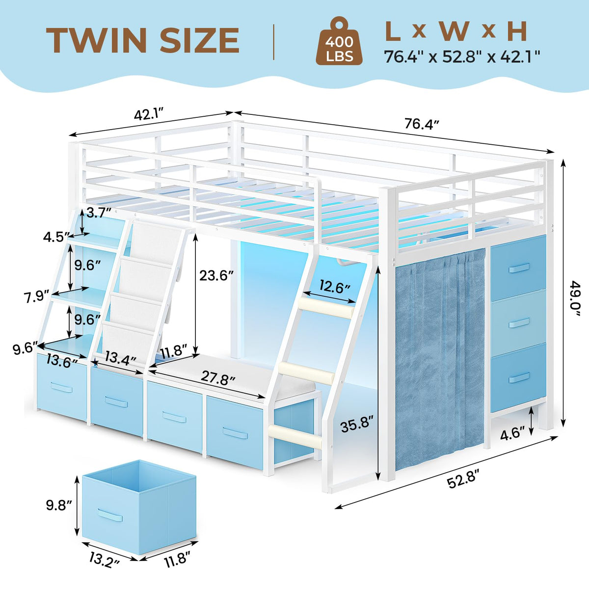 White & Blue Twin Loft Bed with 7 Storage Drawers X602187