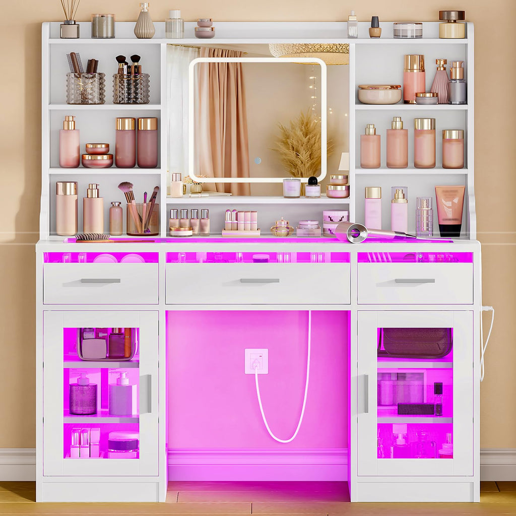 White Vanity Desk with Mirror and Lights V6404