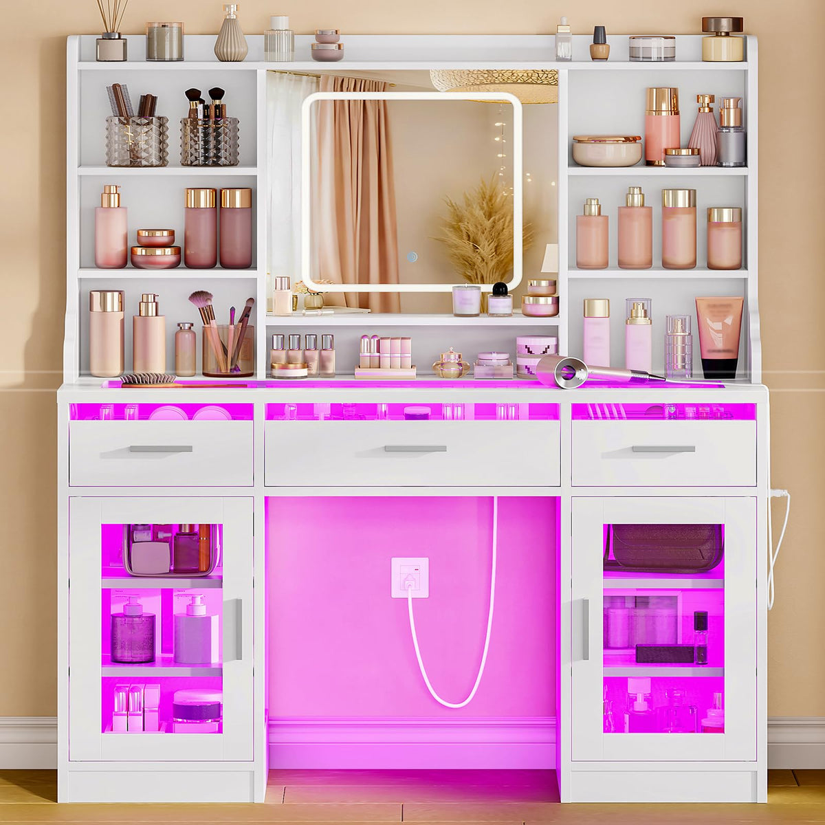 White Vanity Desk with Mirror and Lights V6404