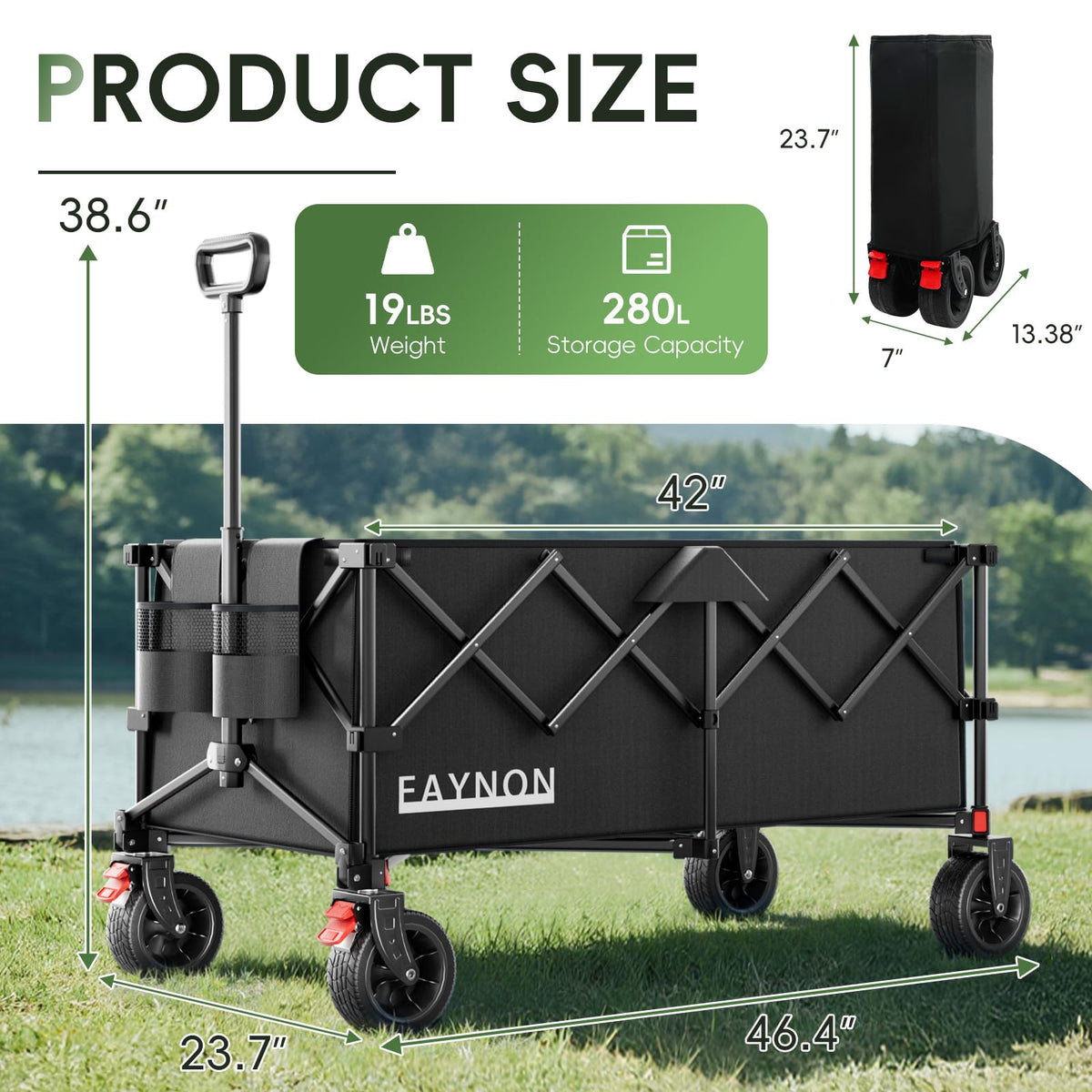 46" Collapsible Foldable Extended Wagon, 500LB Weight Capacity with 280L Heavy Duty Folding Cart, Black W998