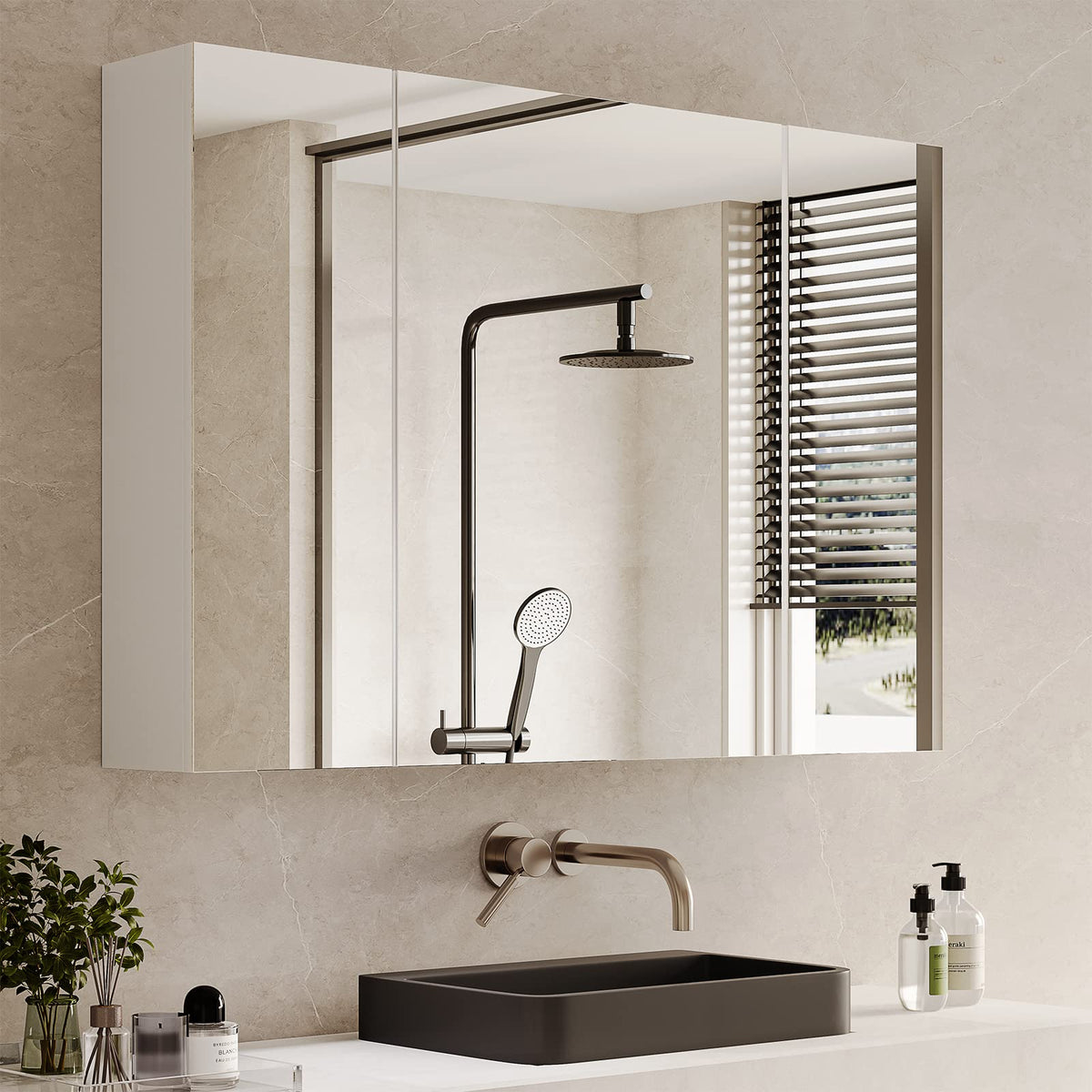 White 3 Door Bathroom Mirror Cabinet with Adjustable Shelves B8649