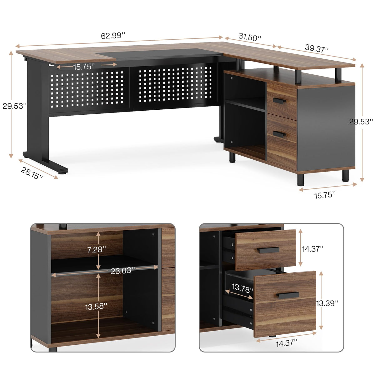 63 Inch L Shaped Computer Desk with File Cabinet and Storage Shelves Y312264