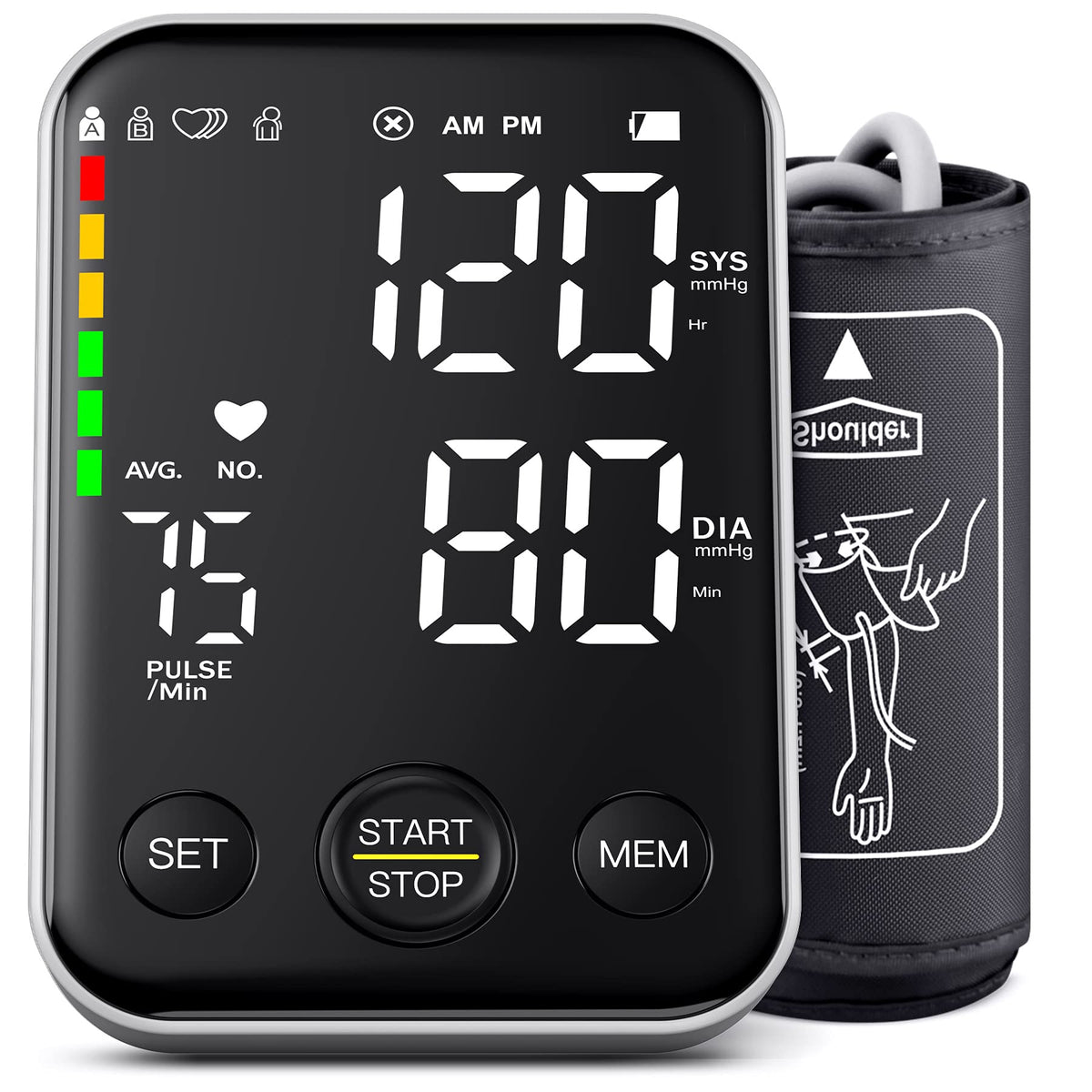 Black Upper Arm Blood Pressure Monitor with Adjustable Arm Cuff and Large Display U52193