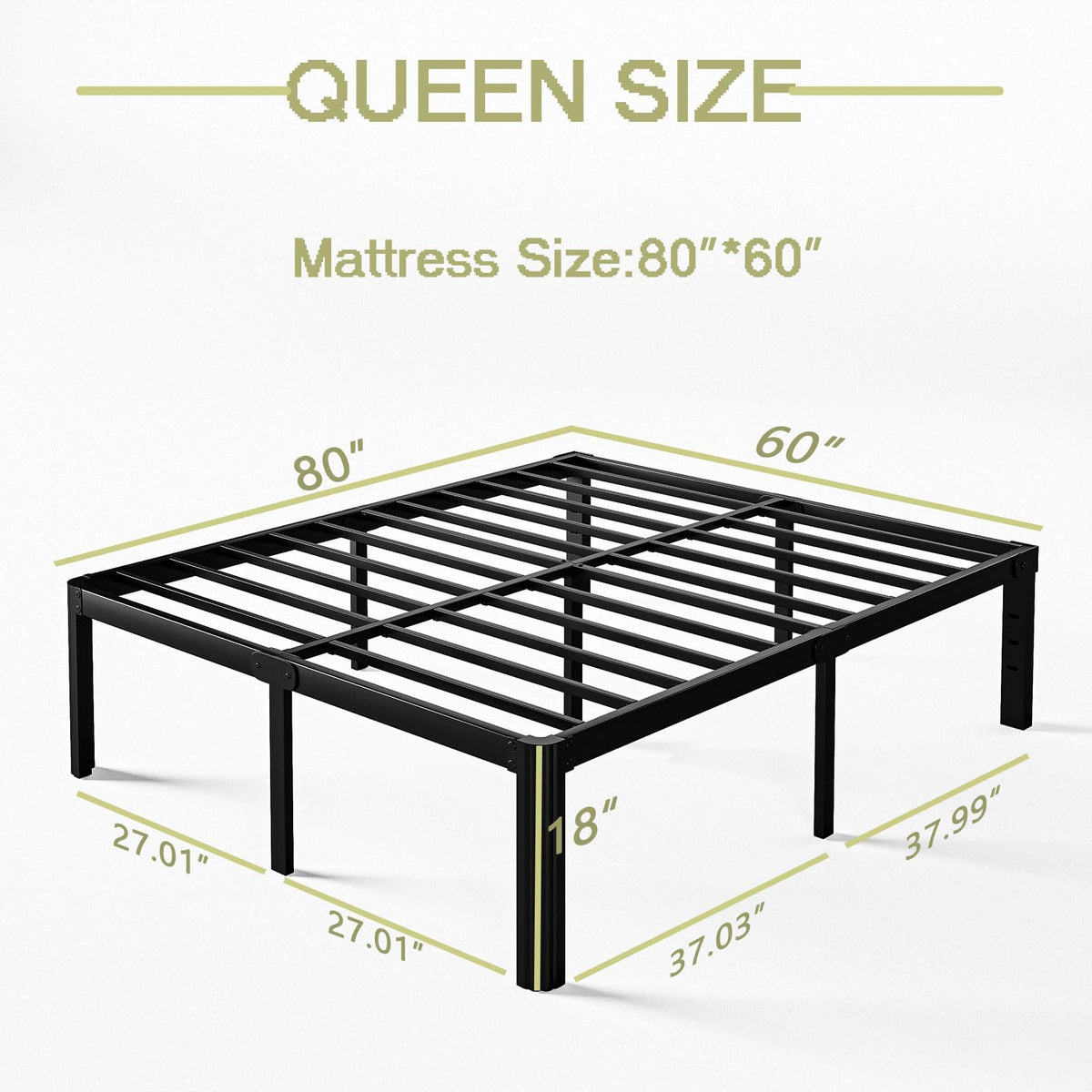 18 Inch High Queen Size Metal Platform Bed Frame Black Y992687