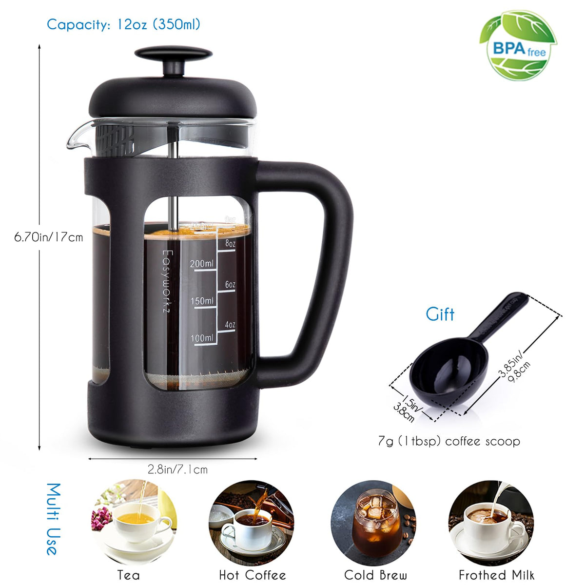 12 oz Stainless Steel French Press with Measuring Spoon G1365