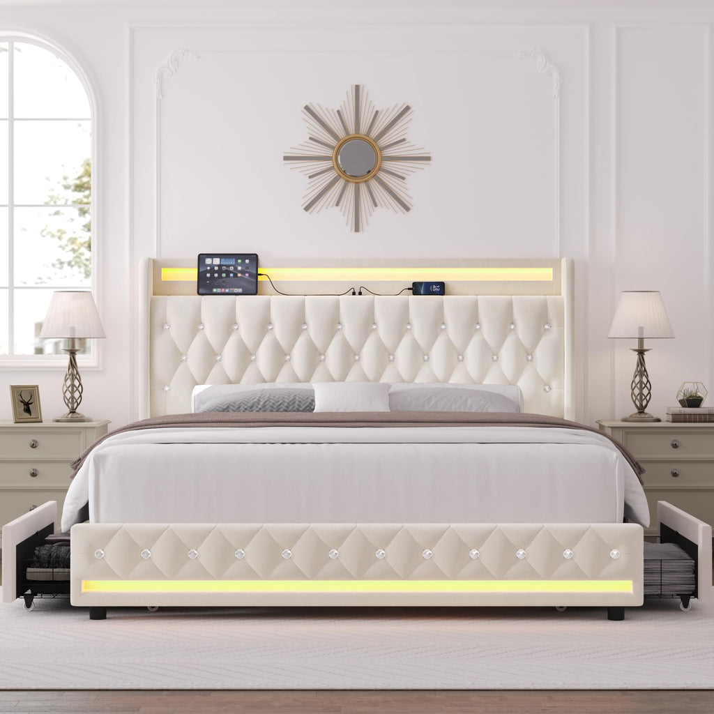 Beige Upholstered Full LED Bed Frame with Storage H347375