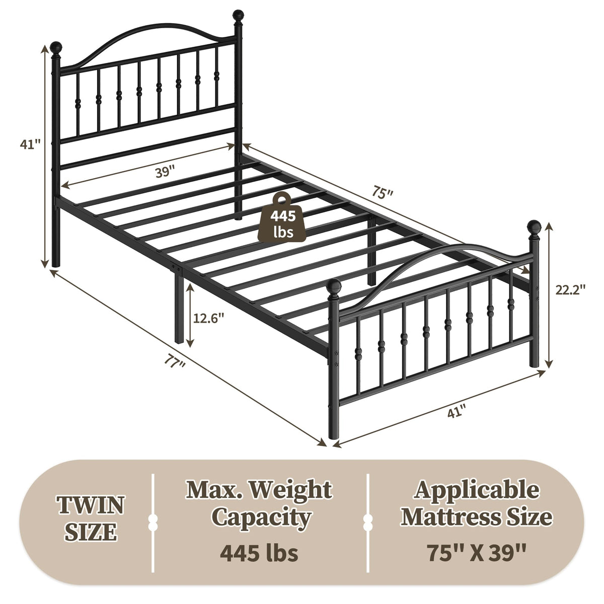 Twin Size Metal Platform Bed Frame with Headboard & Footboard C696