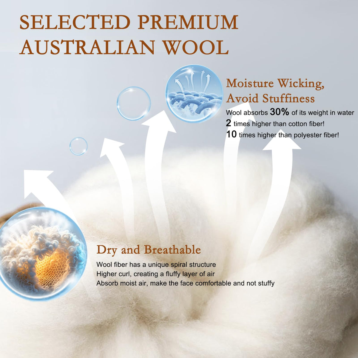 Soft Natural Wool Pillow King Size Set of 2 Cotton Cover W5934