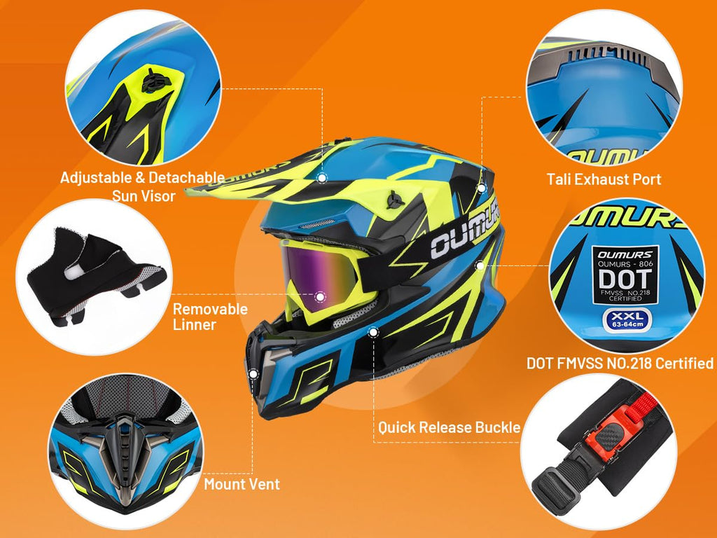 Adult ATV Dirt Bike Helmet with Goggles Gloves & Mask Adjustable Sun Visor Y20085