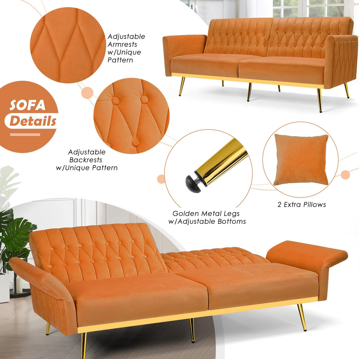 70" Velvet Futon with Adjustable Backrest and Armrests B773866