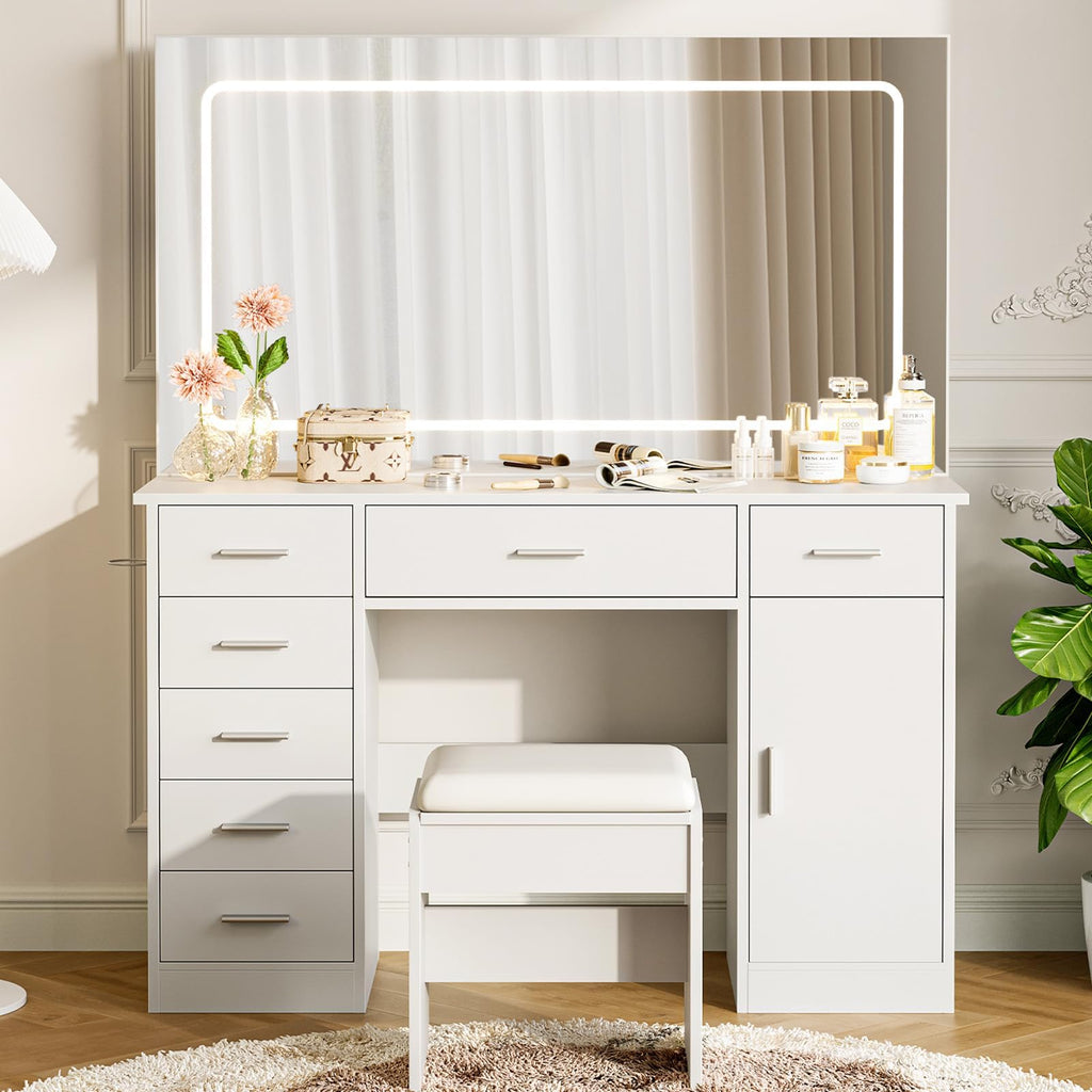 White 7 Drawer Vanity Desk with LED Mirror D505298