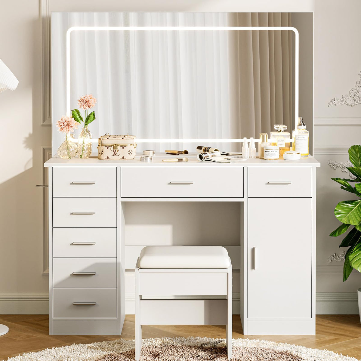 White 7 Drawer Vanity Desk with LED Mirror D505298