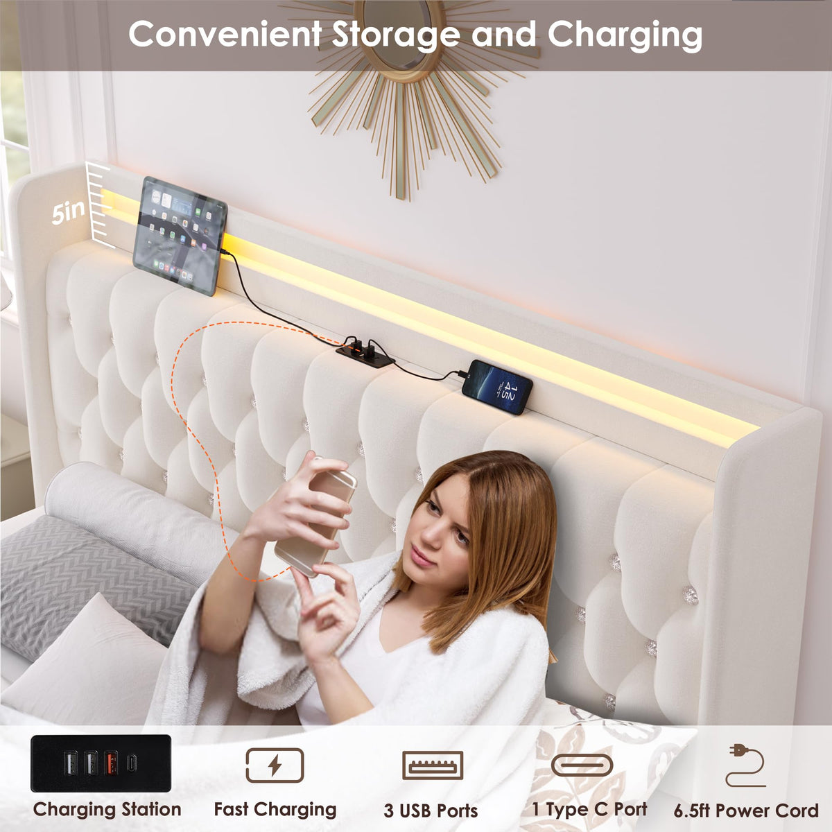 Beige Upholstered Full LED Bed Frame with Storage H347375