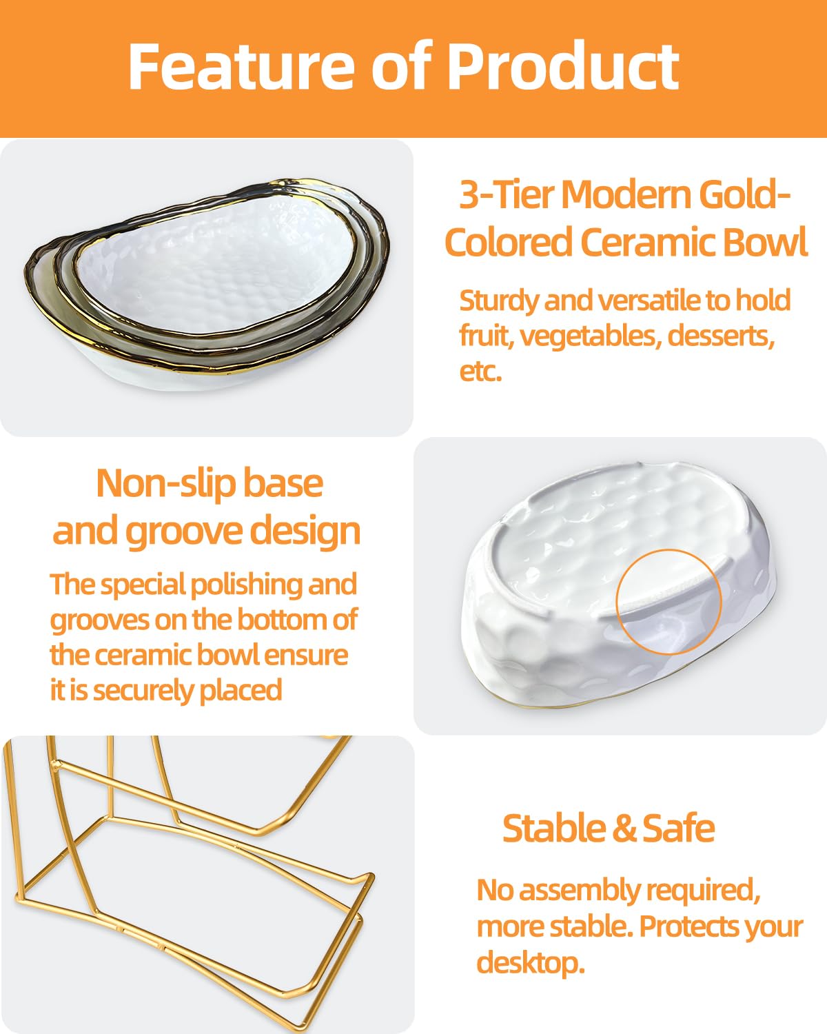 3-Tier Ceramic Fruit Bowl with Metal Stand H283772