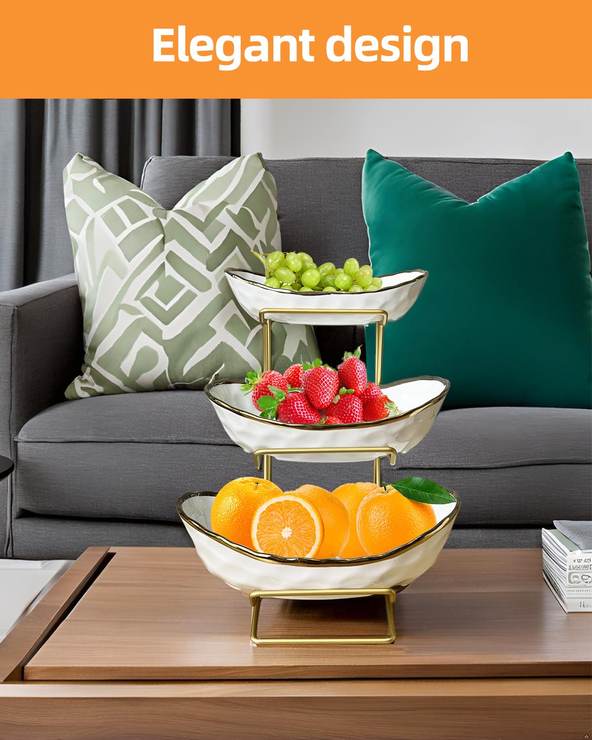 3-Tier Ceramic Fruit Bowl with Metal Stand H283772