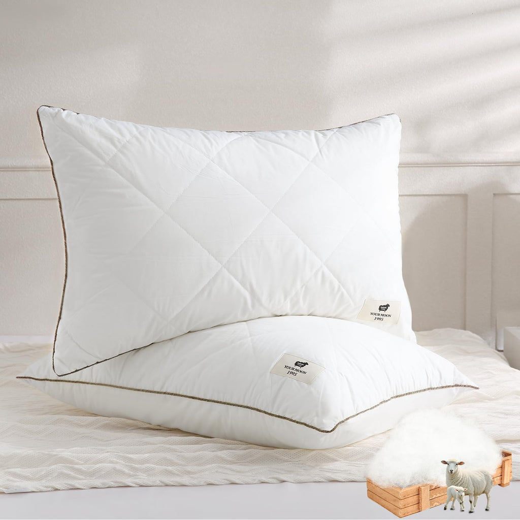 Soft Natural Wool Pillow King Size Set of 2 Cotton Cover W5934