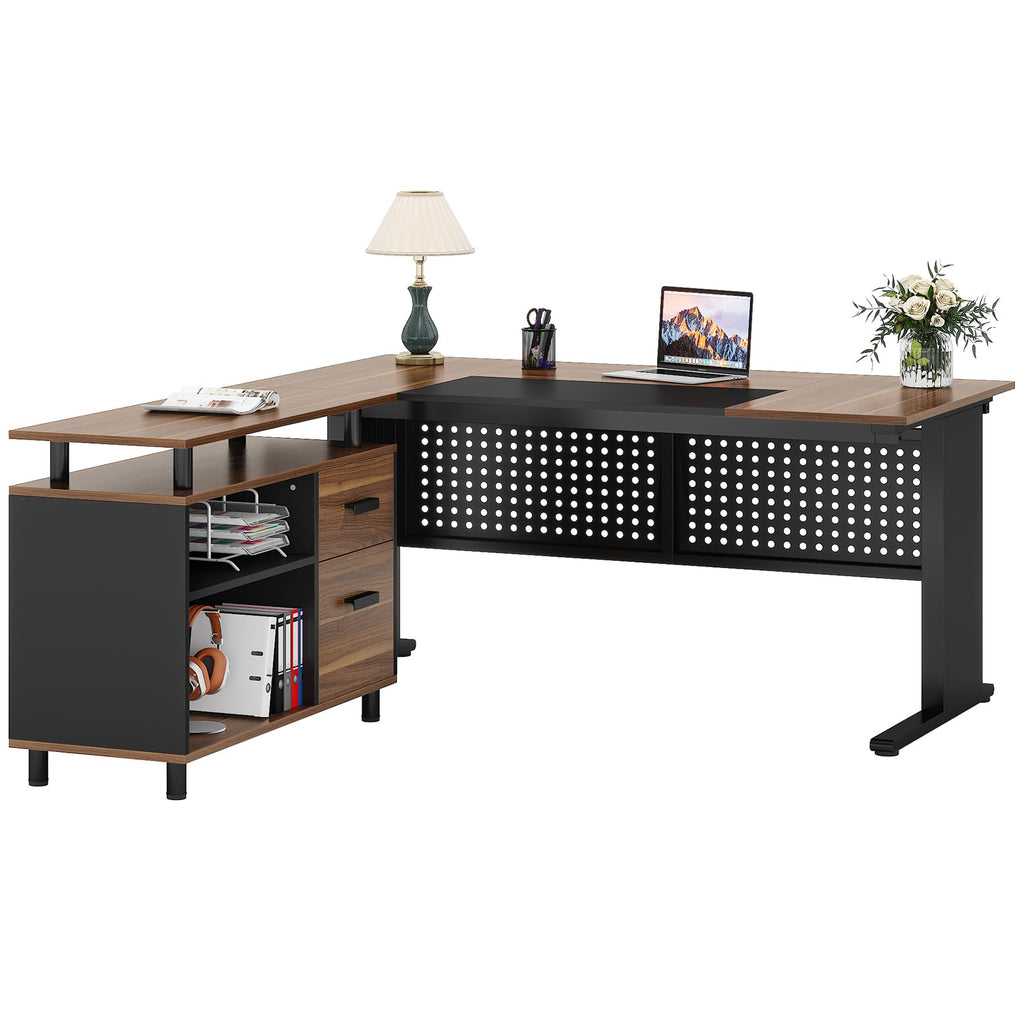 63 Inch L Shaped Computer Desk with File Cabinet and Storage Shelves Y312264