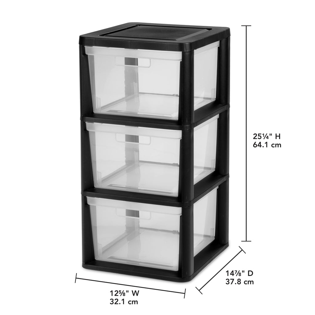 Black 3 Drawer Plastic Storage Tower with Clear Bins F519