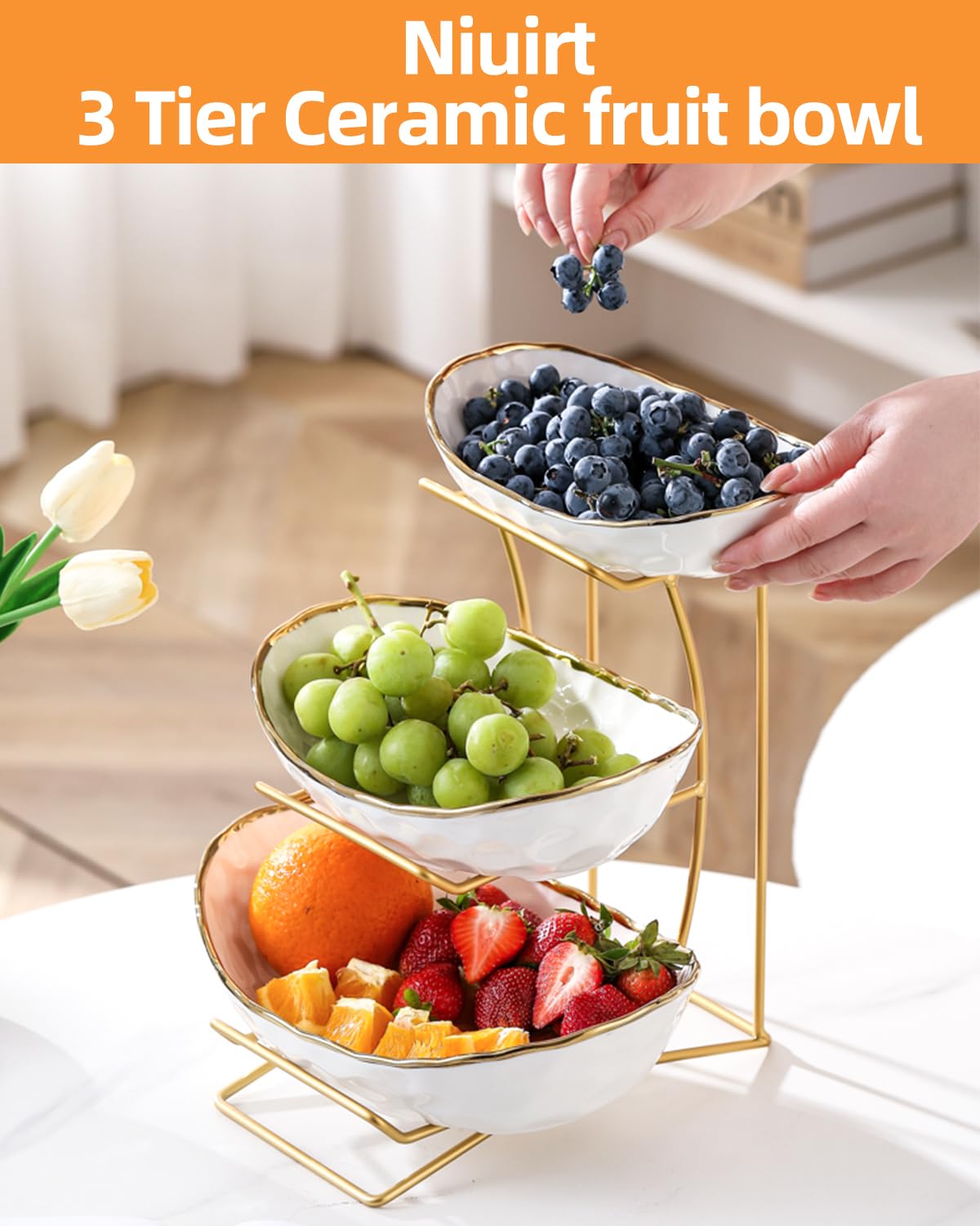 3-Tier Ceramic Fruit Bowl with Metal Stand H283772