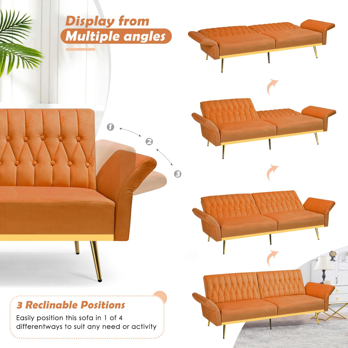 70" Velvet Futon with Adjustable Backrest and Armrests B773866