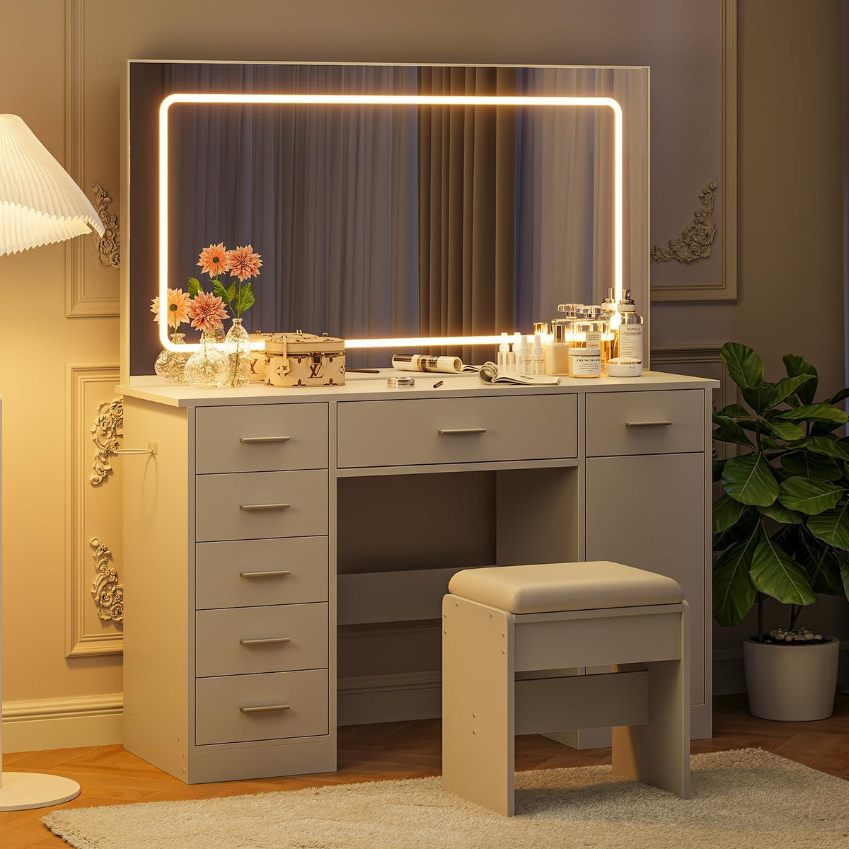 White 7 Drawer Vanity Desk with LED Mirror D505298