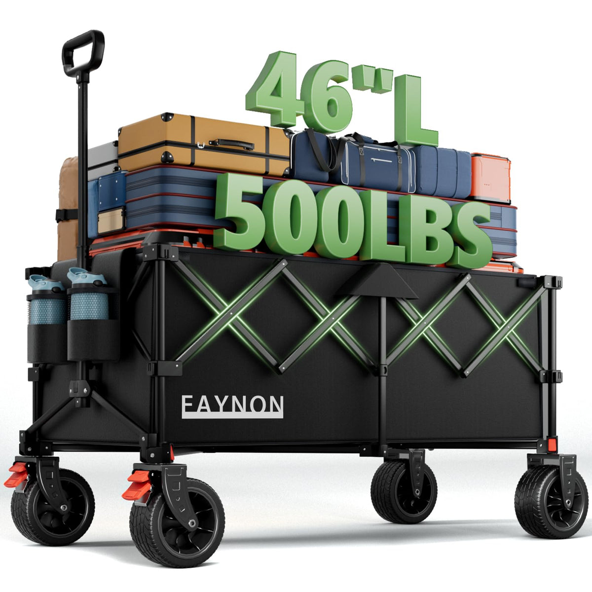 46" Collapsible Foldable Extended Wagon, 500LB Weight Capacity with 280L Heavy Duty Folding Cart, Black W998