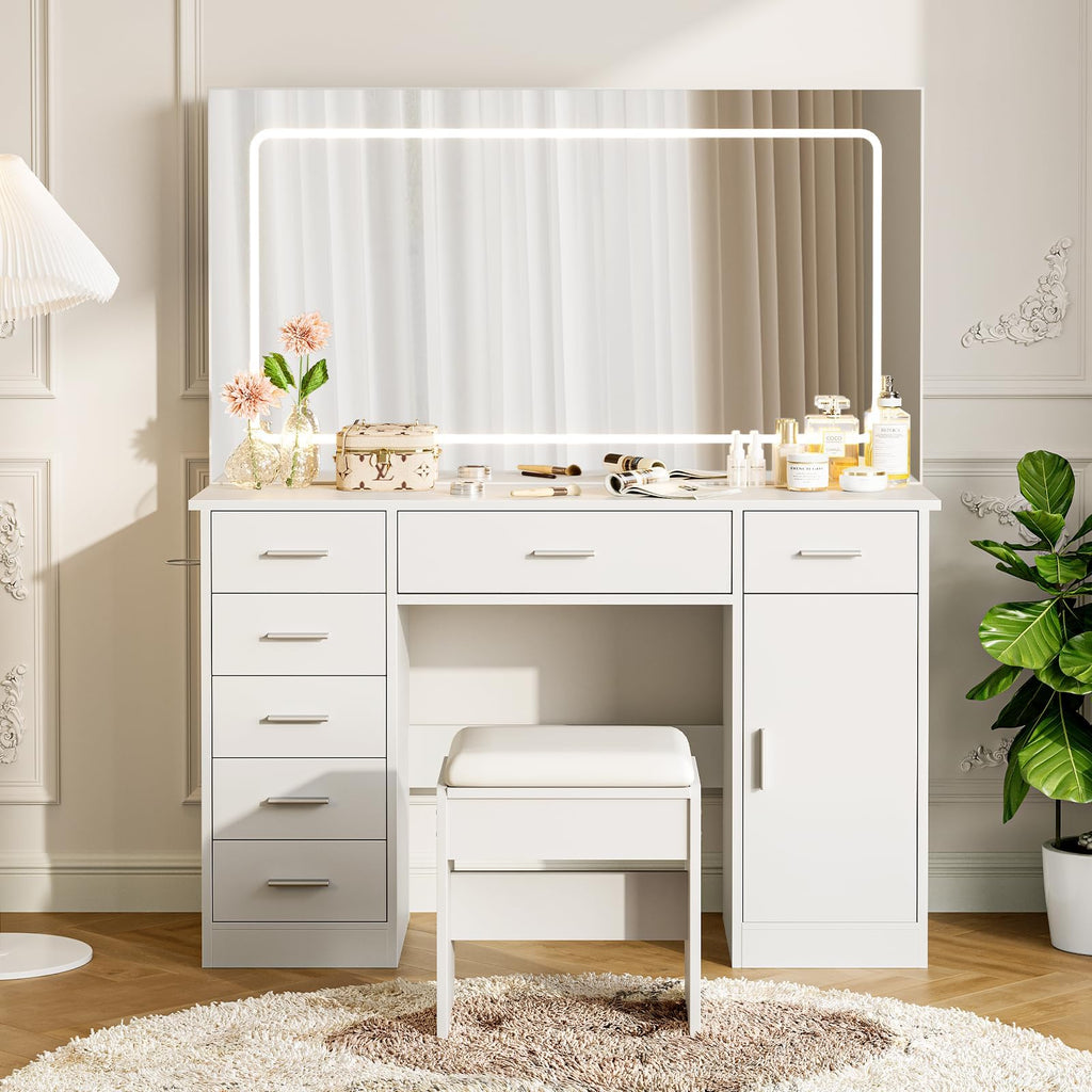 White 7 Drawer Vanity Desk with LED Mirror D505298