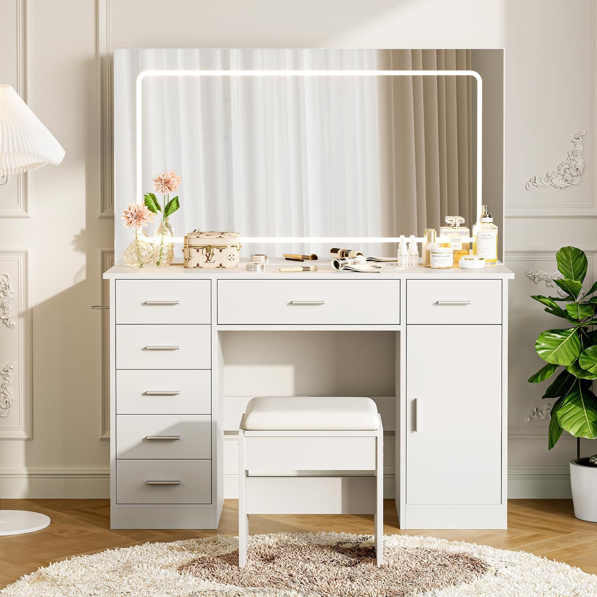 White 7 Drawer Vanity Desk with LED Mirror D505298